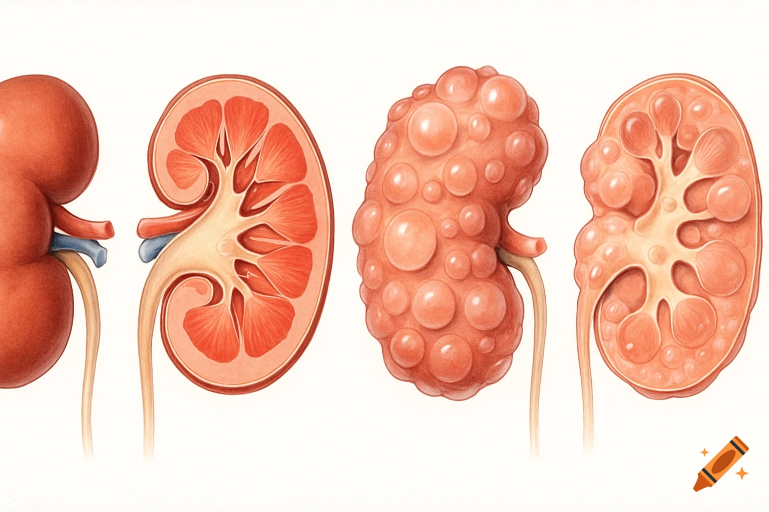 Four digital medical illustrations of human kidneys, showing healthy and cystic kidneys, full and cross-section views, in a modern textbook style.