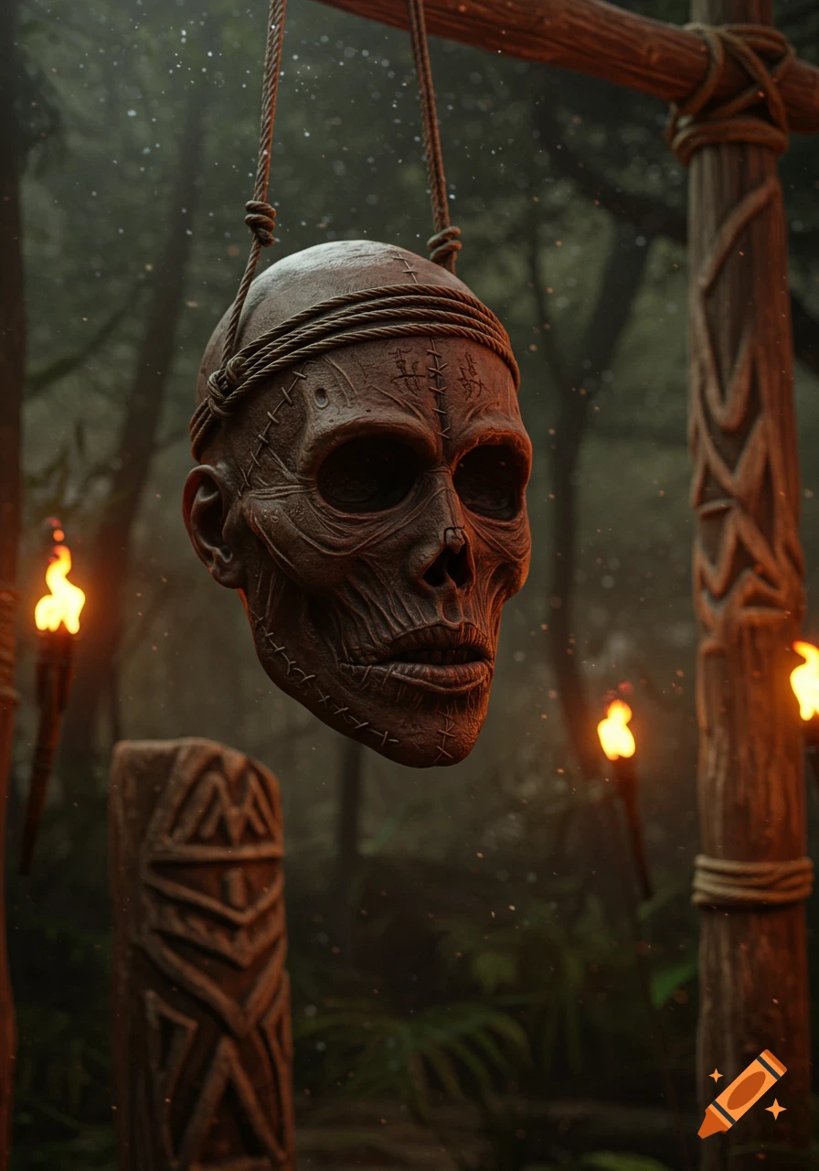 A detailed, stylized shrunken head, bound with rope, hangs in a misty jungle scene illuminated by torches and carved wooden posts.