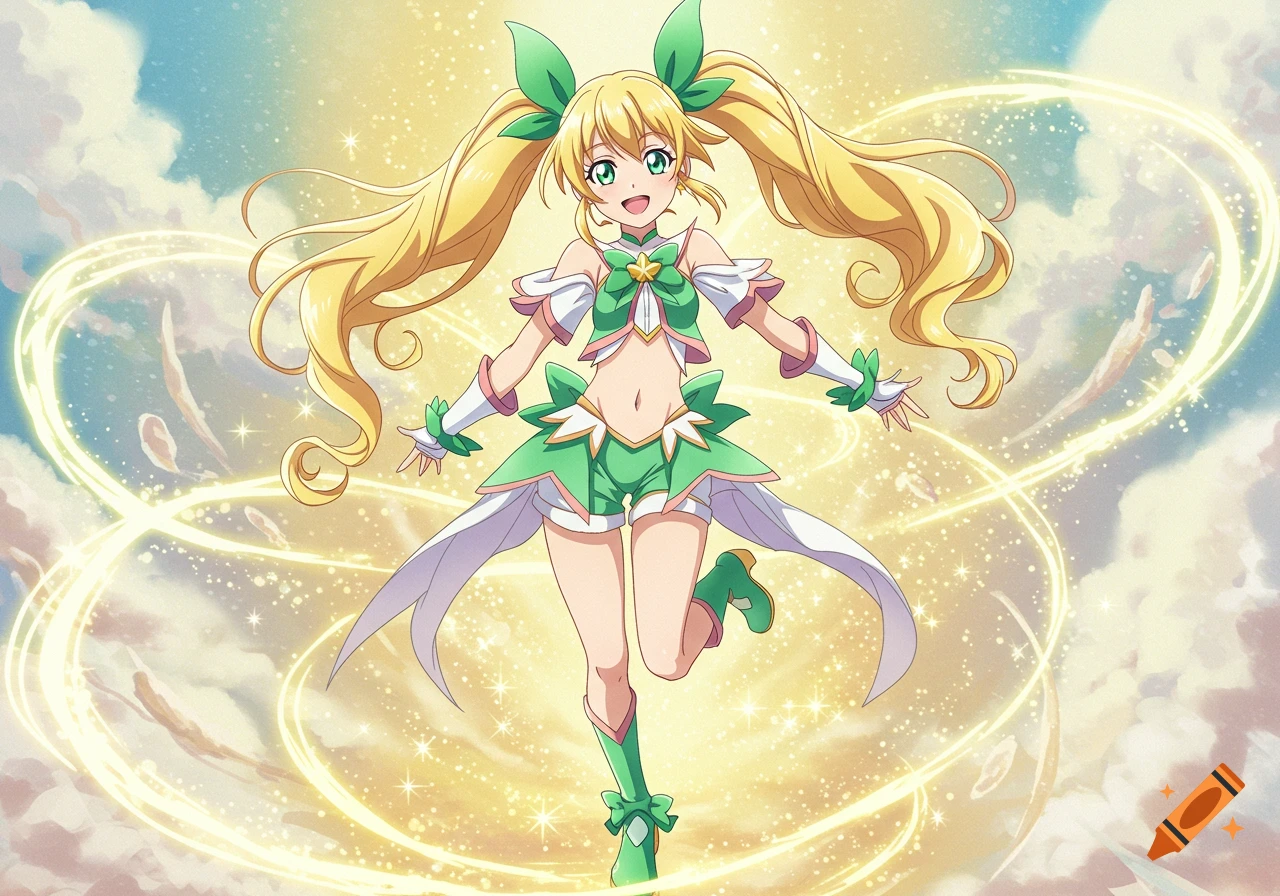 A happy blonde anime magical girl with green pigtails, crop top, shorts, and boots, surrounded by swirling golden magic.