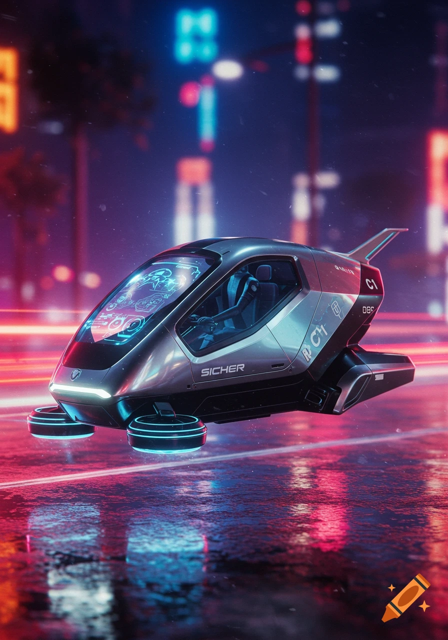 Sleek silver futuristic flying vehicle hovers over a wet, neon-lit cyberpunk city street at night, with "SICHER C1" on its side.