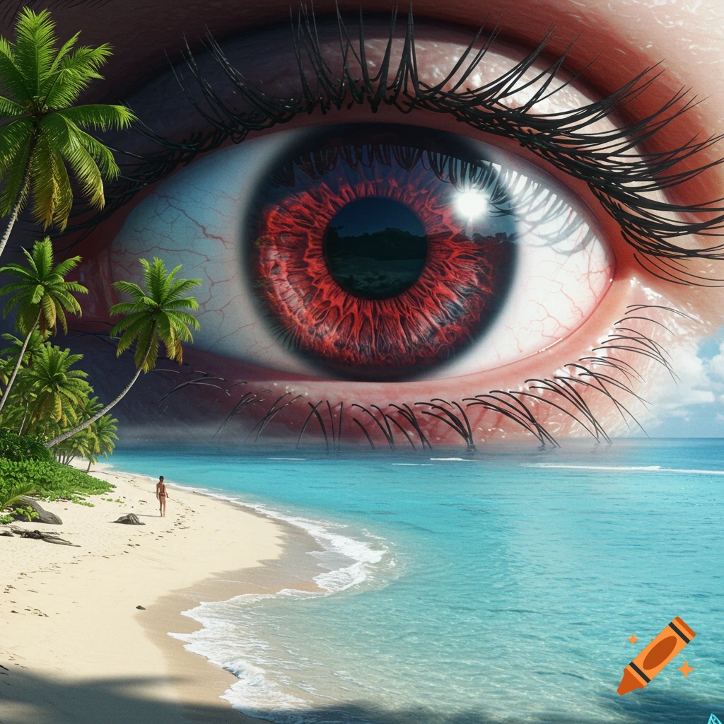 A giant, bloodshot eye with a red iris overlooks a sunny tropical beach with palm trees and a person by the turquoise ocean.