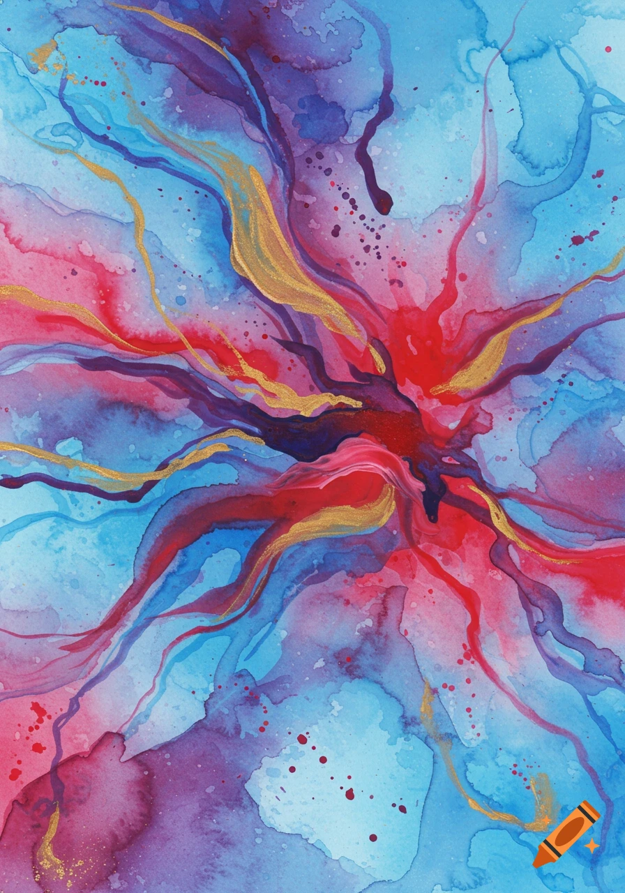 Abstract watercolor art with swirling vibrant red, blue, purple, and gold forms, with paint splatters.