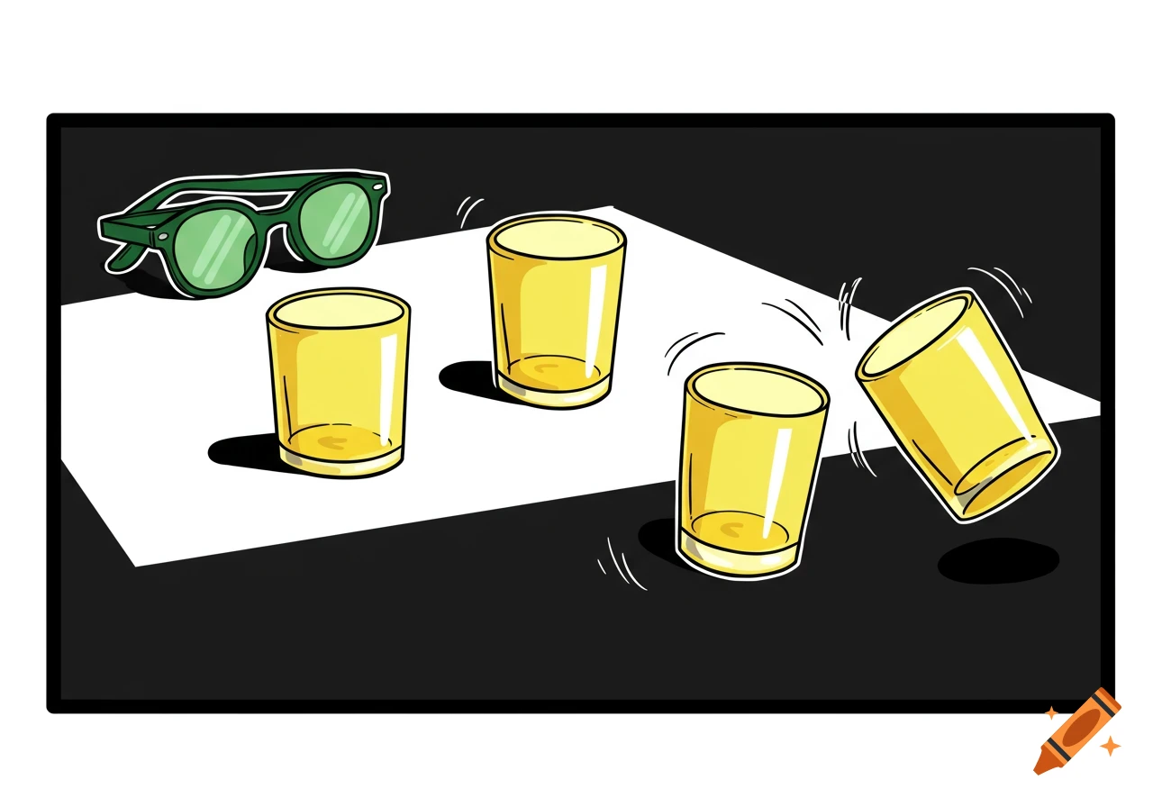 A cartoon illustration shows green sunglasses and four yellow glasses, with one tipping over, on a white surface against a black background.