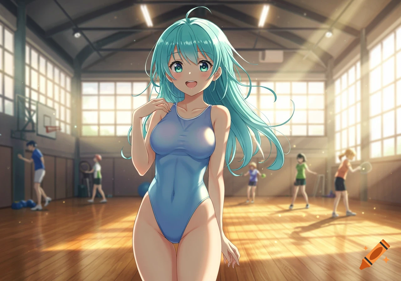 Anime girl with teal hair in a light blue swimsuit stands smiling in a sunlit gym, with other blurred figures in the background.