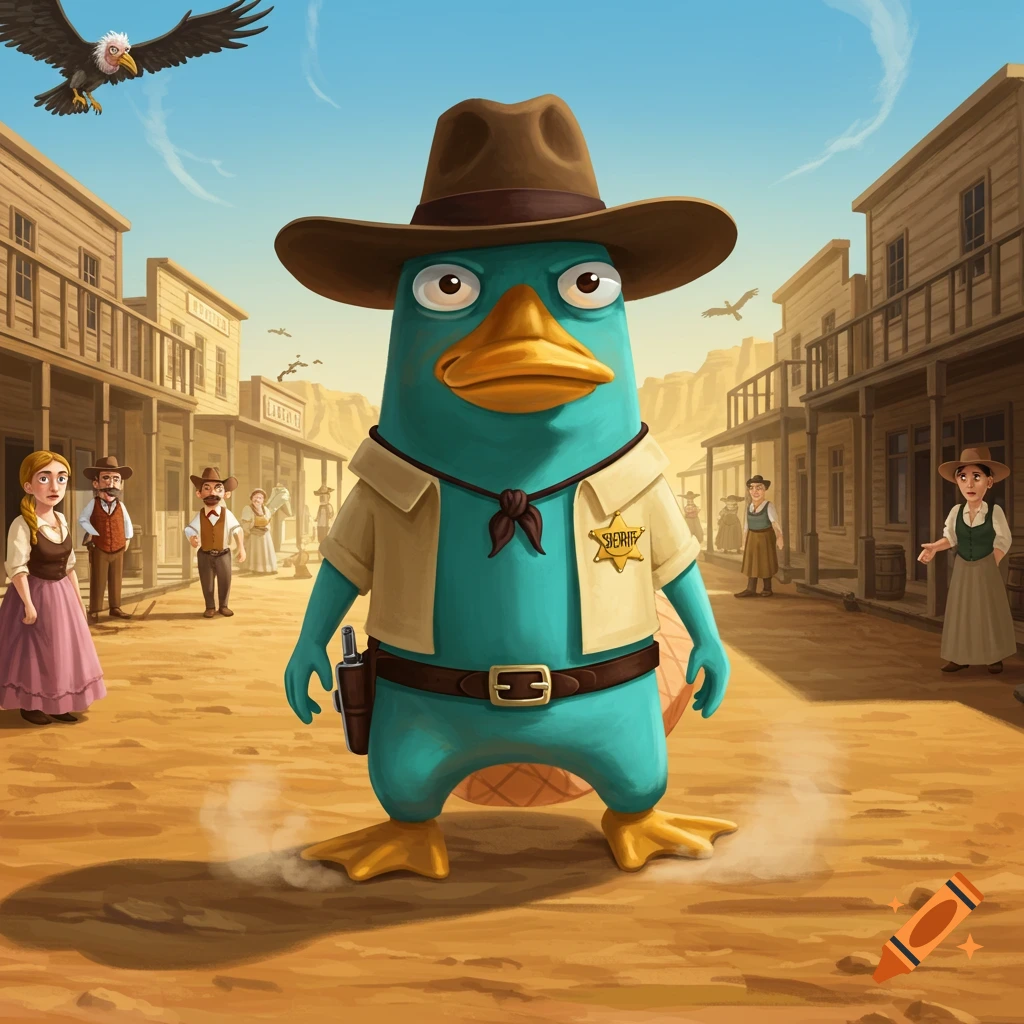 Cartoon Perry the Platypus as a sheriff, standing in the dusty main street of a Wild West town, with an eagle flying overhead.