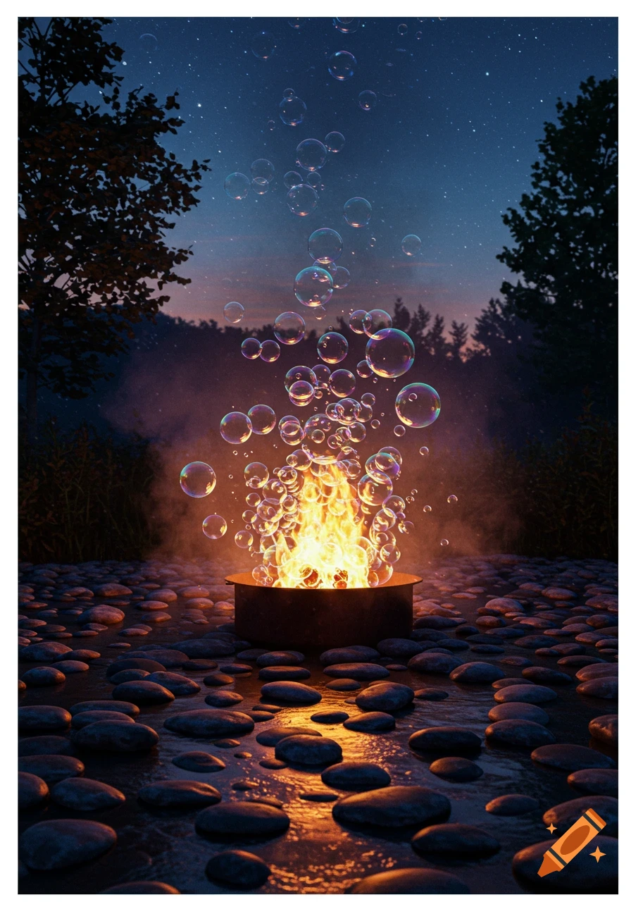 A photorealistic fire pit burns with colorful bubbles instead of flames under a starry night sky, surrounded by dark trees and stones.