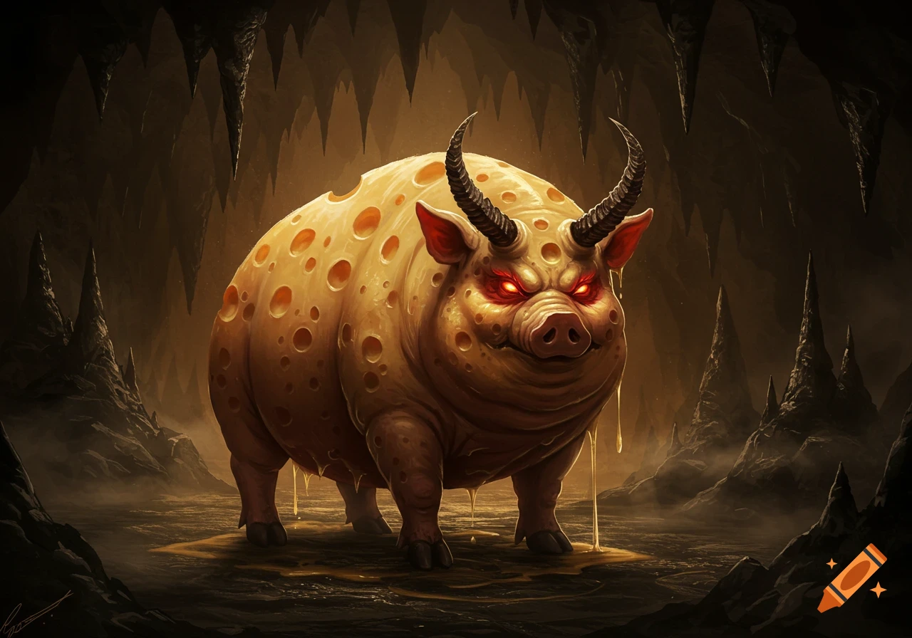 A fantasy illustration of a demon pig with a yellow, Swiss cheese-like body, horns, and glowing red eyes, standing in a dark cave.