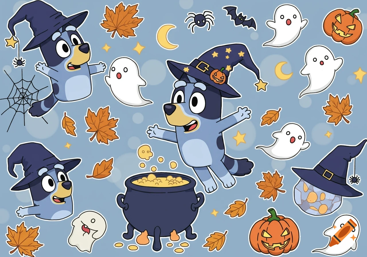 A cartoon pattern of Bluey characters as witches, with ghosts, pumpkins, spiders, bats, and autumn leaves on a blue background.
