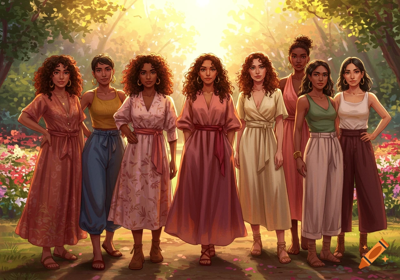 An illustration of eight diverse women standing in a lush, sunlit forest clearing with flowering bushes.