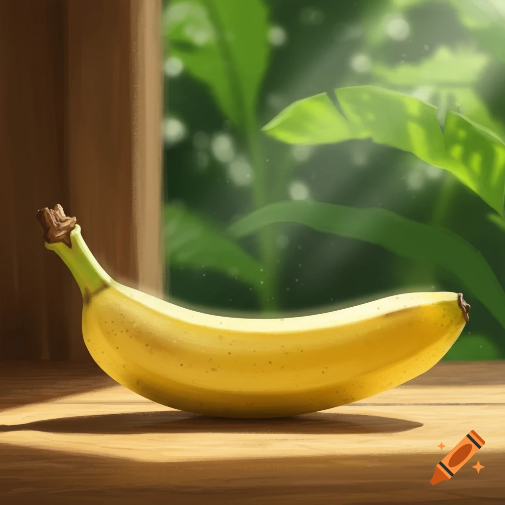 A single ripe yellow banana rests on a wooden table, with lush green foliage blurred in the background, in a painterly style.