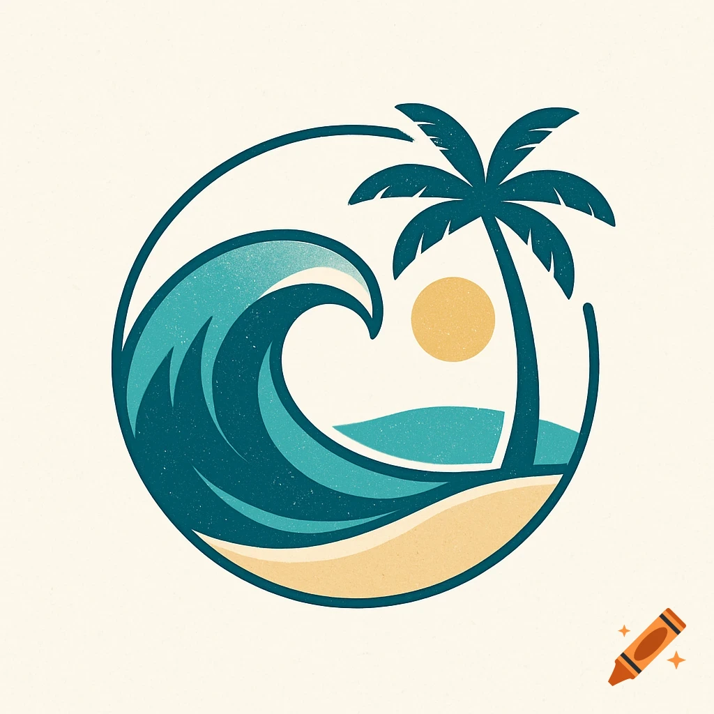 Stylized circular logo of a beach scene with a large wave, a palm tree, and the sun.