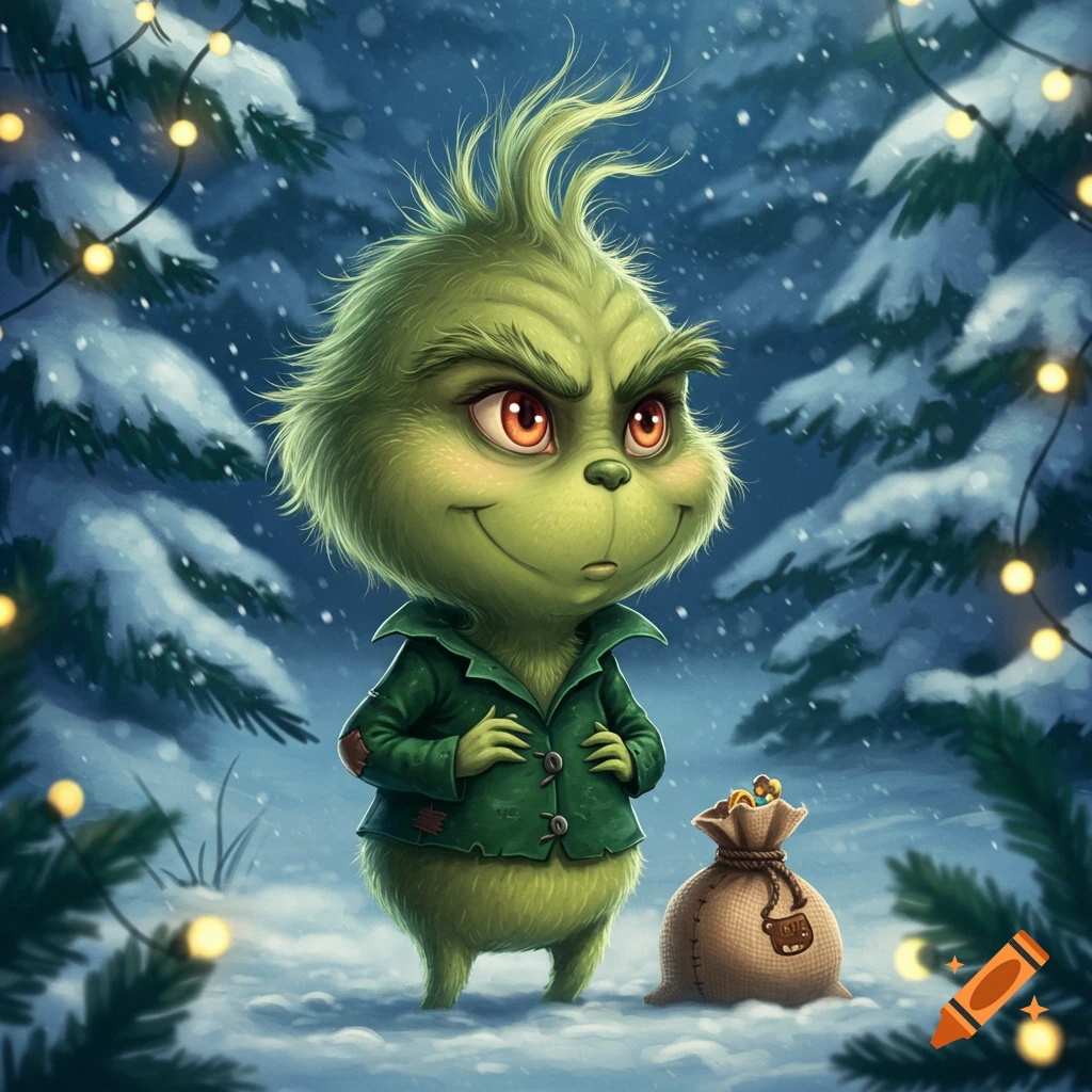A cute, grumpy green Grinch-like character in a green jacket stands in a snowy forest with a bag of gifts under snowfall and string lights.