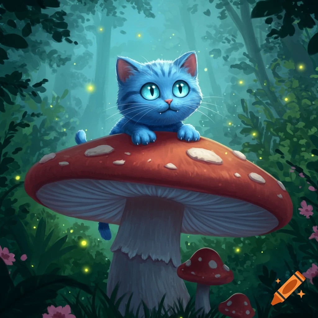 A blue, wide-eyed cartoon cat sits atop a large red mushroom in a glowing, mystical forest, with smaller mushrooms below.