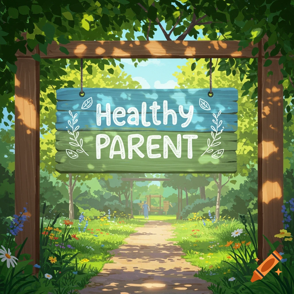 An illustration of a wooden sign reading "Healthy PARENT" hanging from a wooden archway in a lush green park with a path leading into the distance.