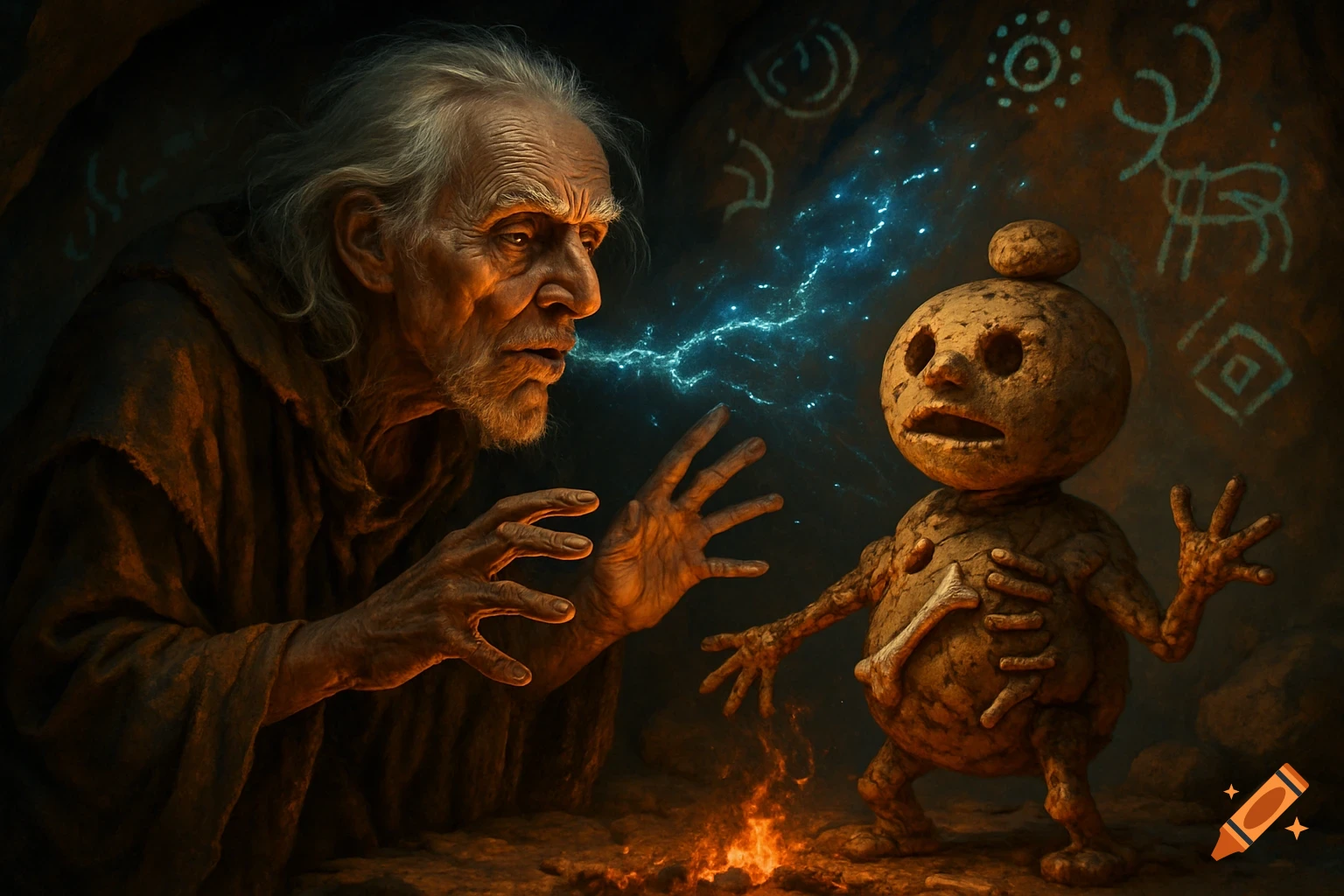 An old, white-bearded man in a cloak uses magic to animate a small, clay and bone golem in a cave with cave paintings and a fire.