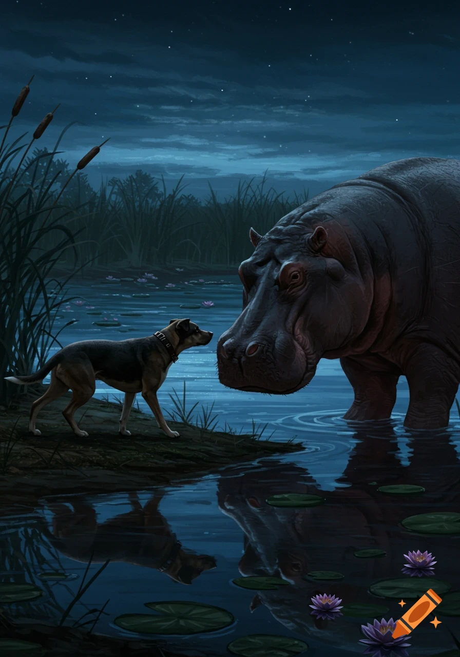 A dog on a muddy bank faces a large hippo in a dark, star-filled swamp with lily pads and purple water lilies.