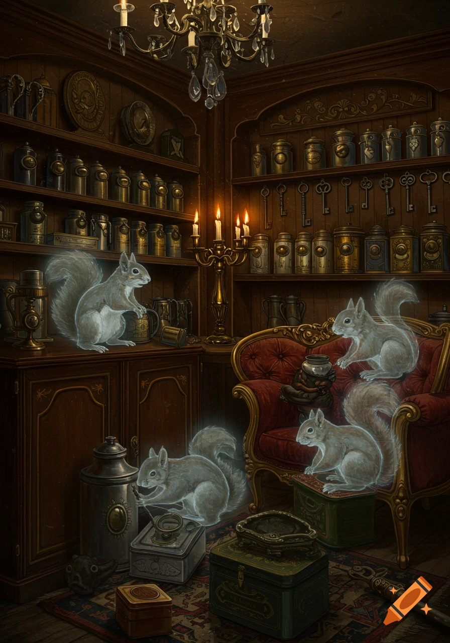 Ghostly squirrels haunt a dim, antique-filled room with shelves of canisters, skeleton keys, and a red velvet armchair.