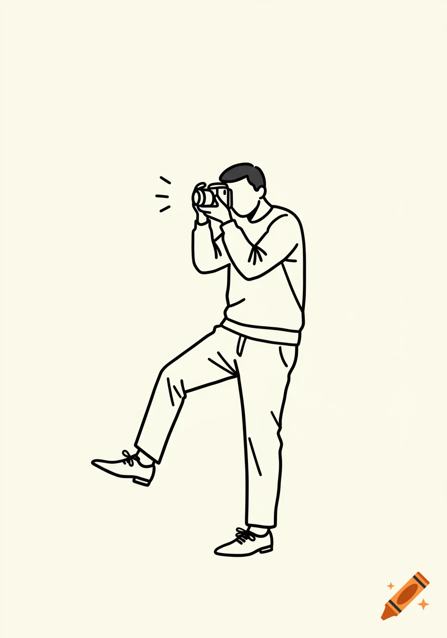 Minimalist line art illustration of a man with dark hair taking a photo with a camera, his leg raised.