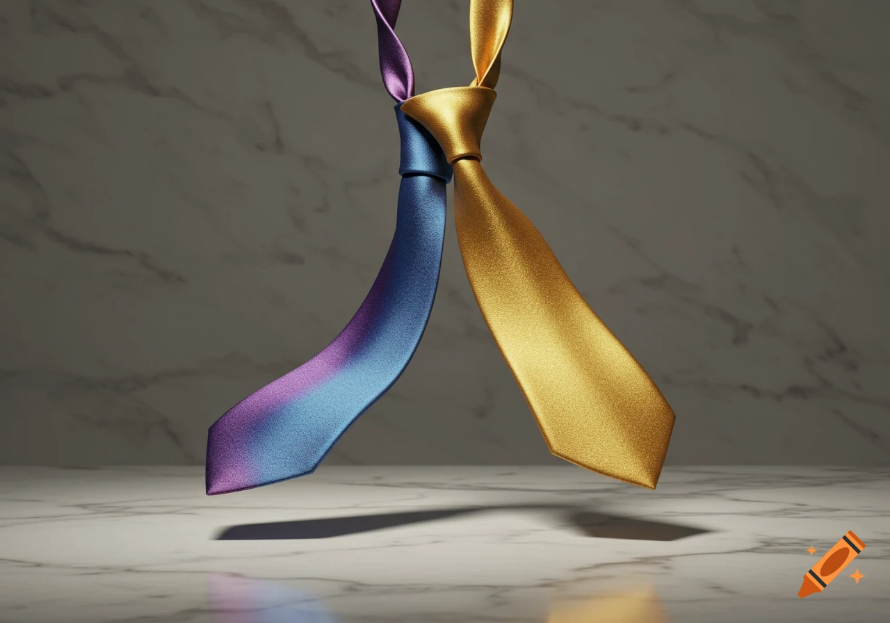 A close-up shot of a blue-purple gradient tie and a gold tie intertwined and hanging against a marble background. Photorealistic style.