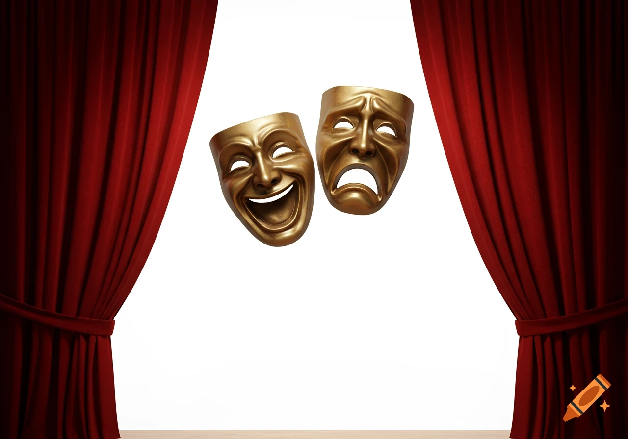 Two golden theatrical masks, one laughing and one crying, framed by red stage curtains on a white background.
