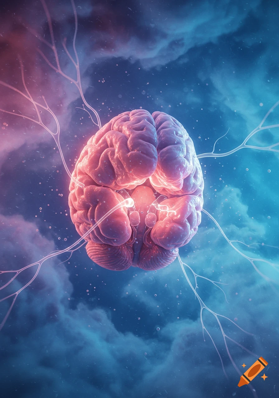 A vibrant, glowing human brain surrounded by nerve-like structures and cosmic clouds in blue and pink hues.