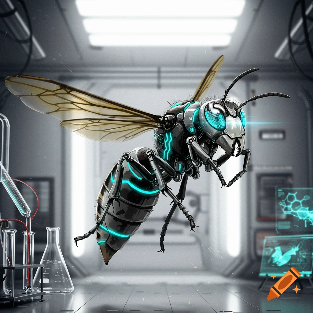 A detailed robotic hornet with glowing blue accents flies in a futuristic laboratory with beakers and screens.