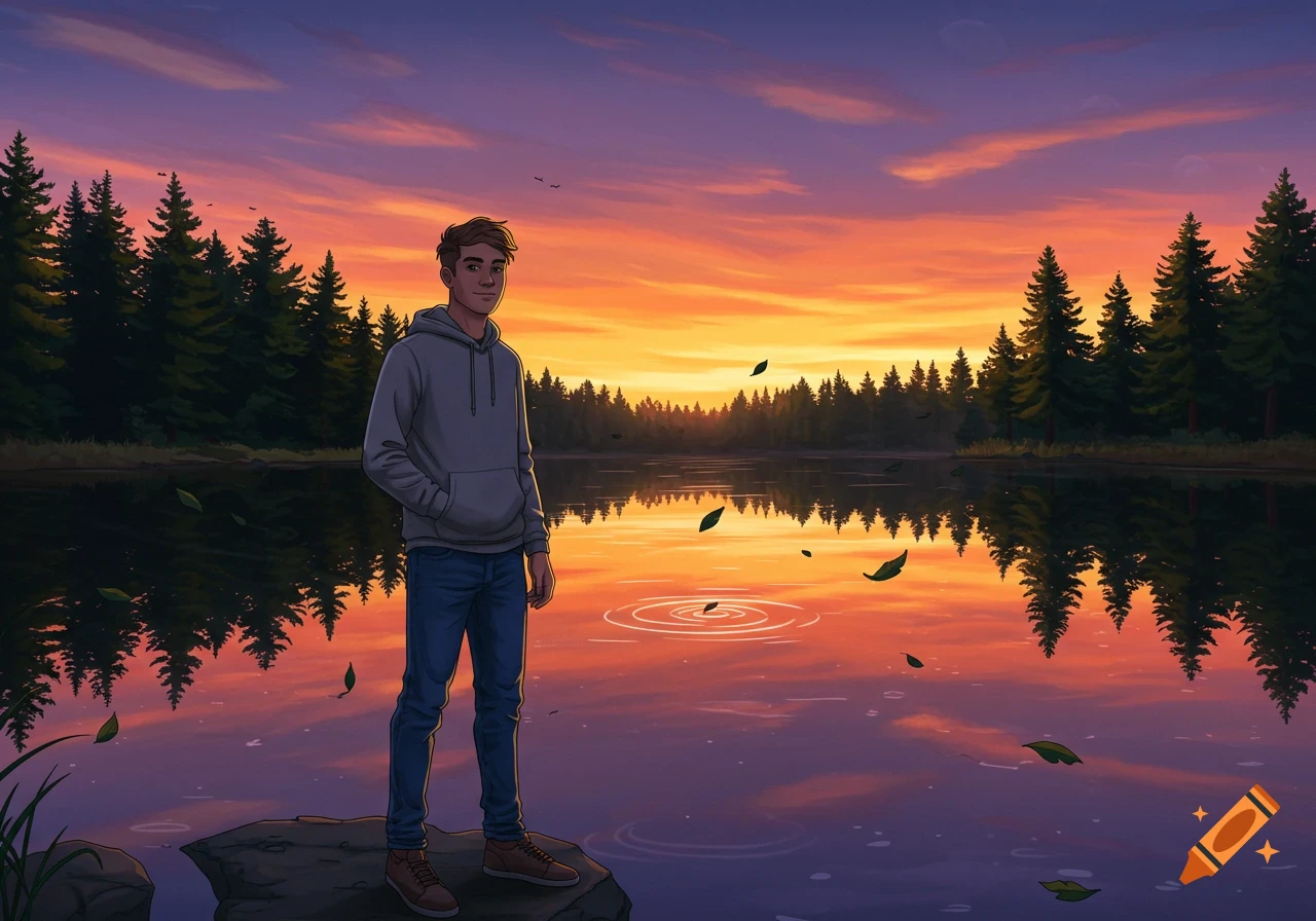 An illustrated young man stands on a rock by a tranquil lake surrounded by pine trees under a vibrant orange and purple sunset.