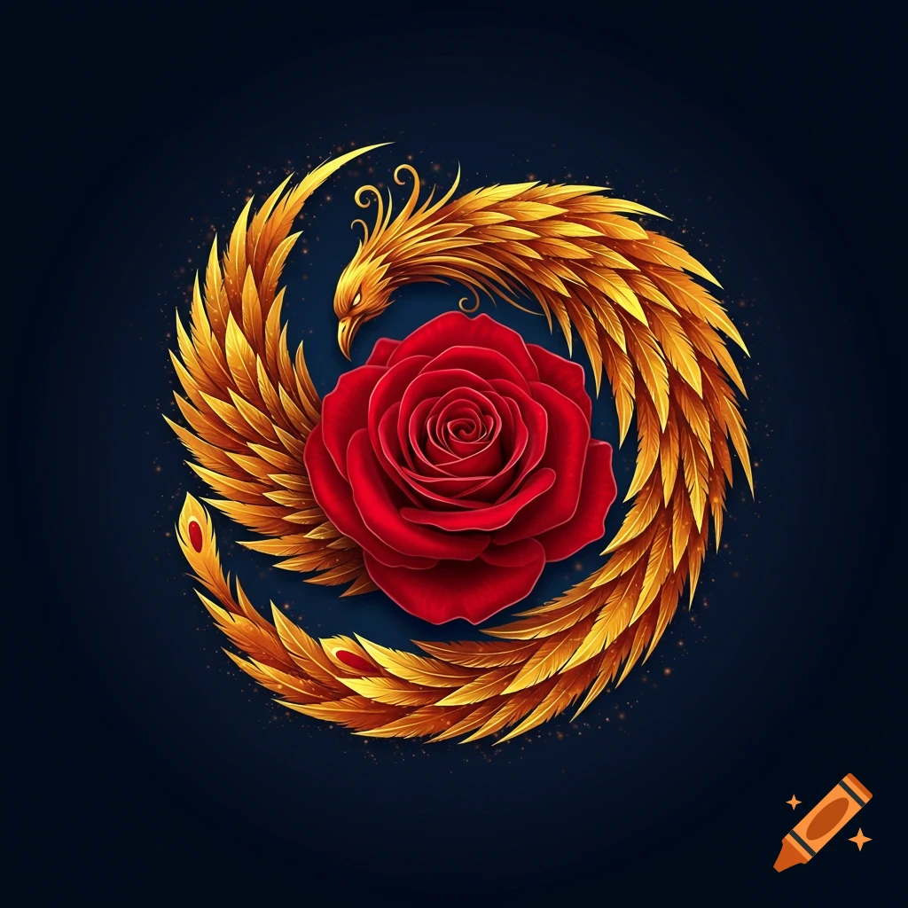 A vibrant red rose centered within golden phoenix wings forming a circular emblem on a dark blue background.
