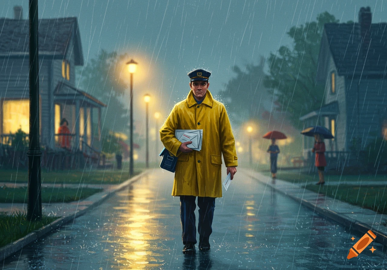 An illustration of a mailman in a yellow raincoat and hat walking down a rainy street at night, holding letters.