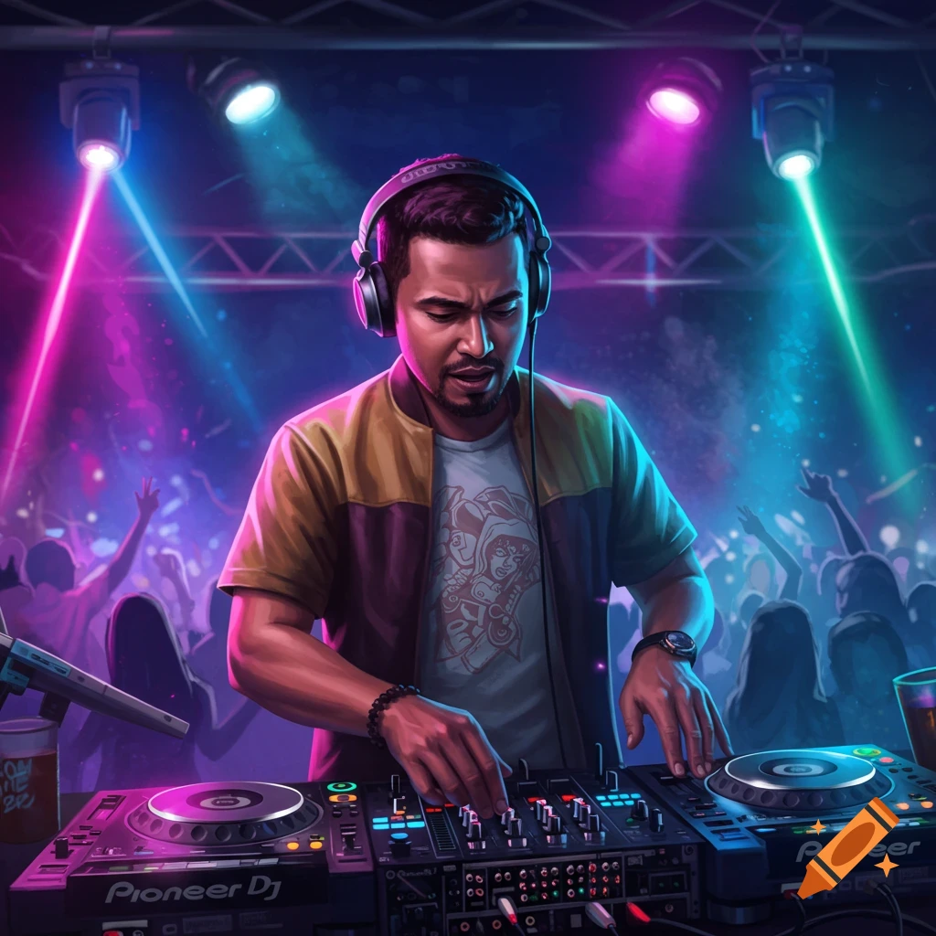 A male DJ wearing headphones mixes music on turntables in a vibrant nightclub, with a dancing crowd and neon lights. Digital art style.