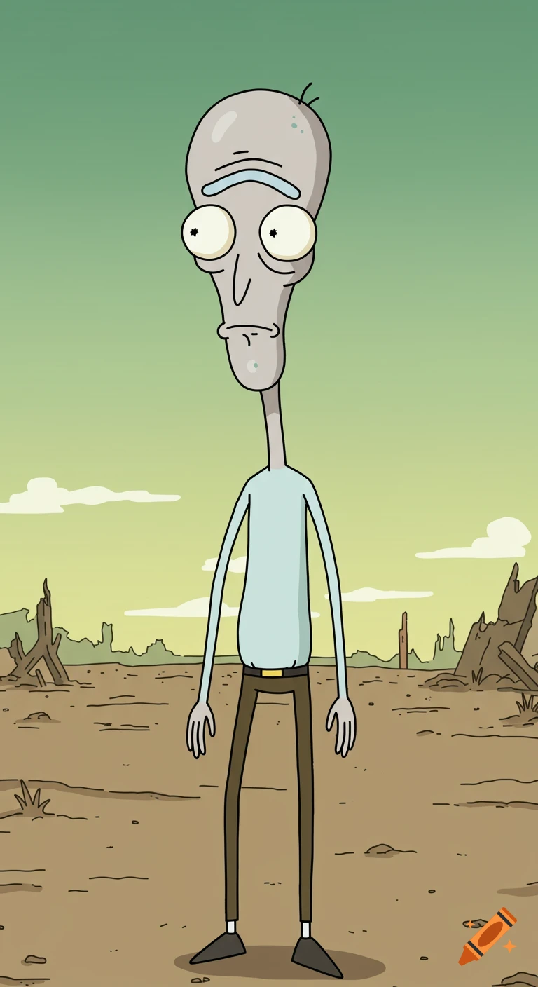 Rick and Morty-style grey alien with big eyes and a dopey expression stands in a desolate, post-apocalyptic landscape.
