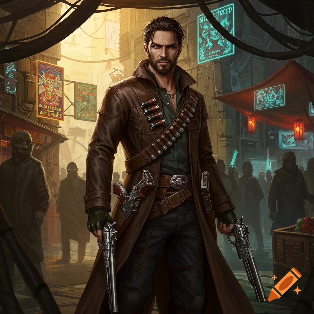 A male rogue trader in a brown trench coat and bandolier, holding two revolvers, stands in a bustling sci-fi marketplace, digital art.