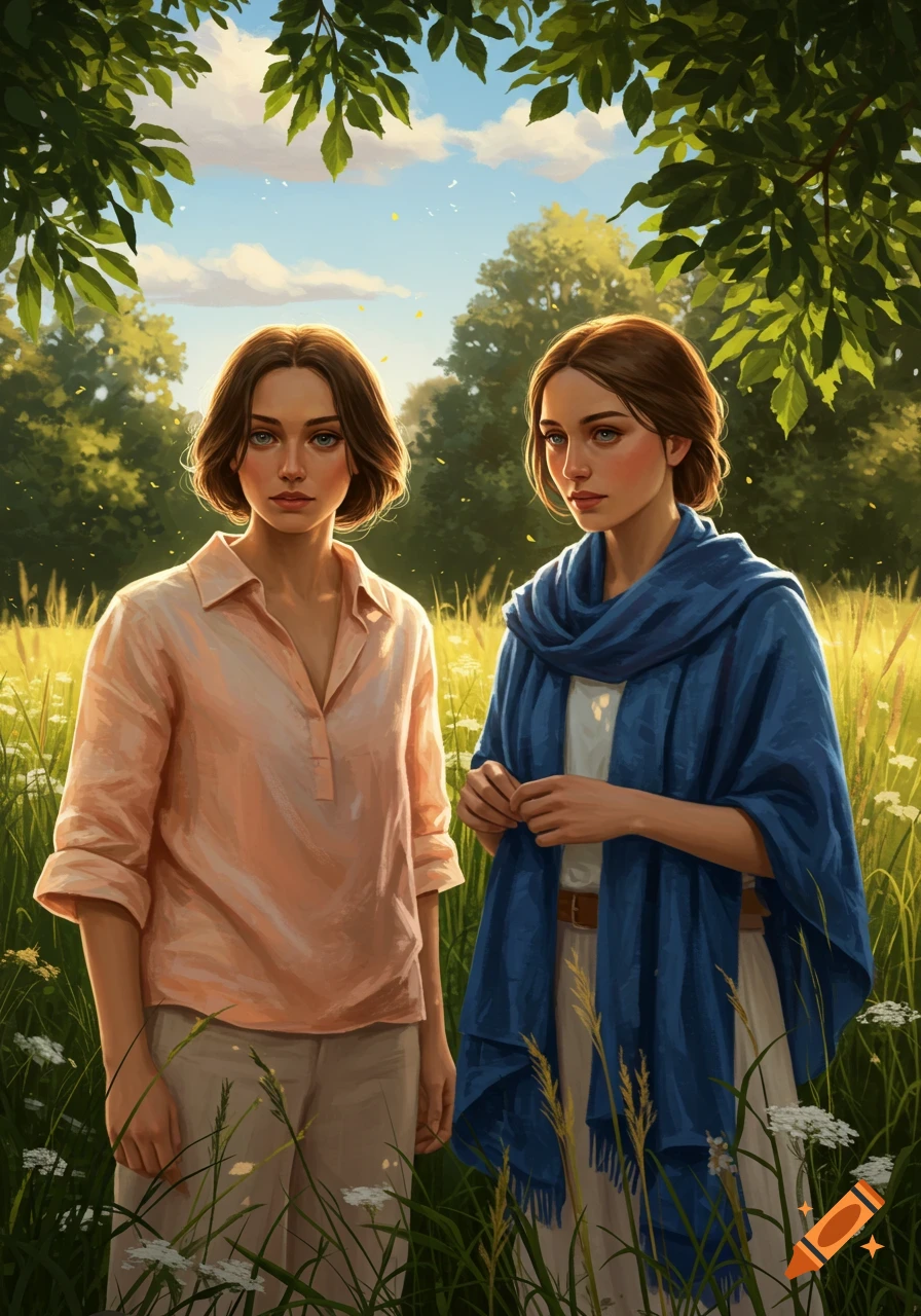 A digital painting of two women standing in a sunny, grassy field with trees and leaves overhead.