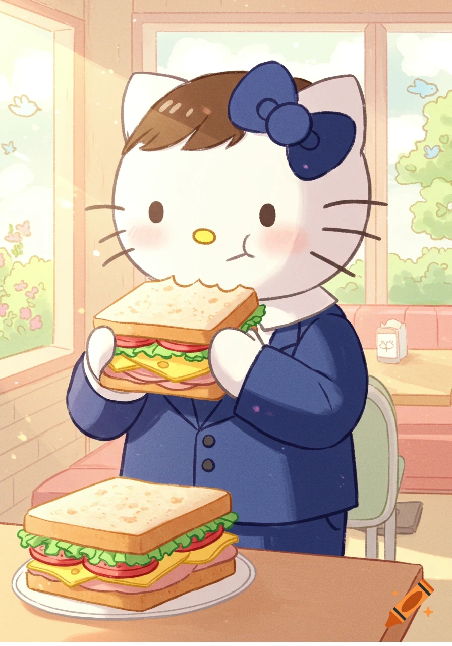 Cartoon Hello Kitty with brown hair and a blue bow eats a large sandwich in a sunny cafe, with another sandwich on the table.