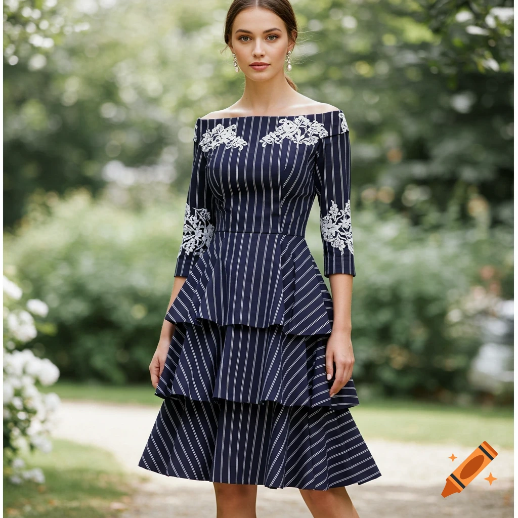 A woman models a navy blue and white striped, off-shoulder dress with white floral embroidery and a tiered ruffle skirt in a blurred garden, photorealistic style.