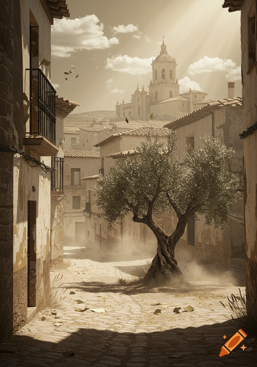 Dusty, sunlit cobblestone street in a historic Spanish village, featuring an olive tree, old buildings, and a distant church.