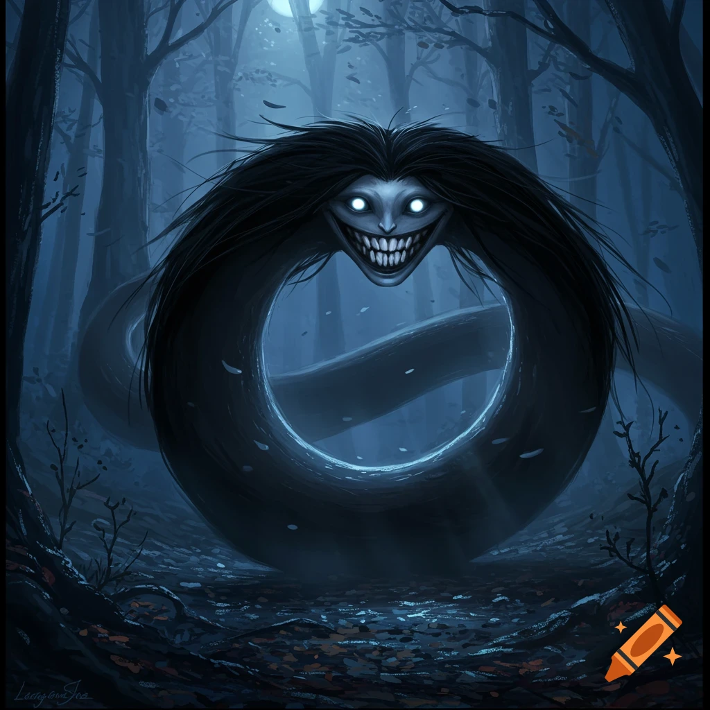 A dark, serpentine creature with a monstrous, smiling face, glowing eyes, and long black hair forms a loop in a moonlit forest, digital painting.