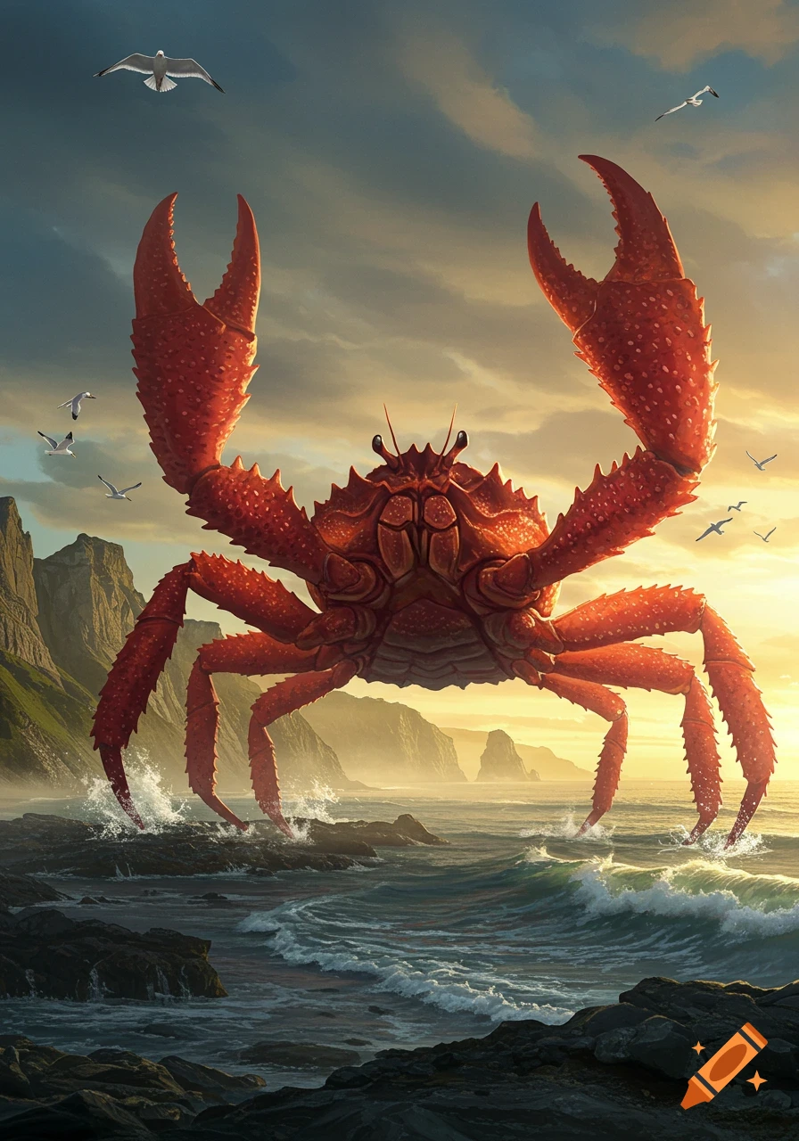 A colossal red crab stands in a dramatic ocean scene with raised claws, waves crashing, and seagulls flying under a sunset sky.