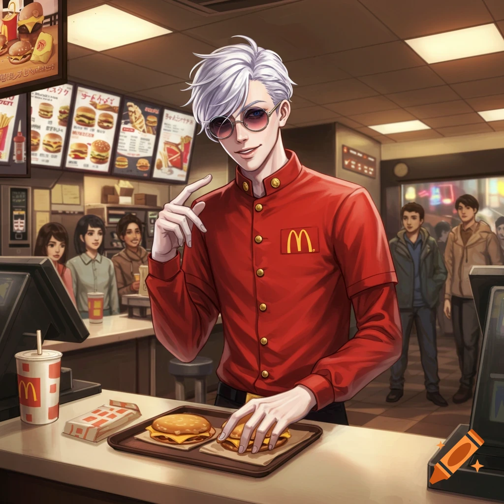 Anime-style man with white hair and sunglasses in a red McDonald's uniform, making burgers behind the counter in a fast-food restaurant.