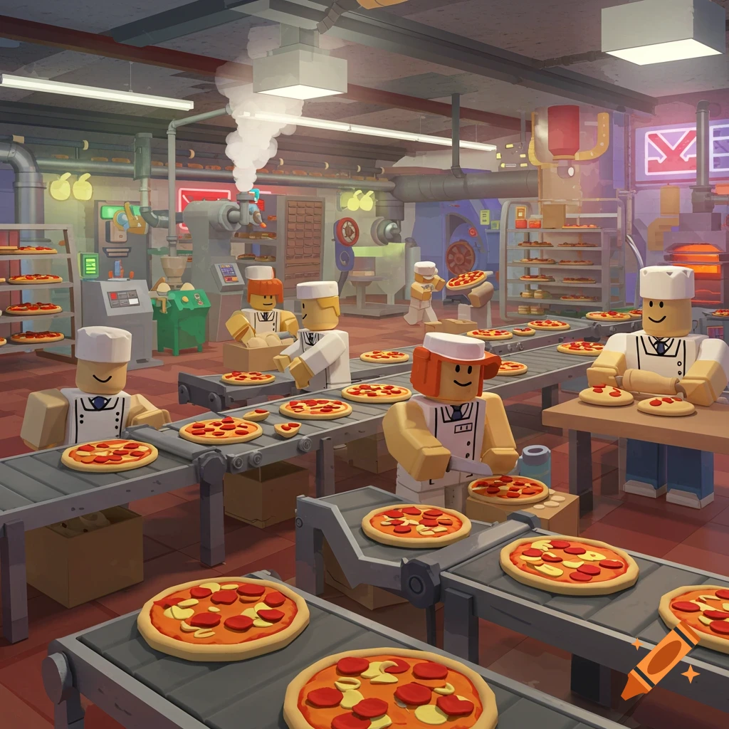 Roblox-style characters work in a busy pizza factory, preparing pizzas on conveyor belts with ovens in the background.