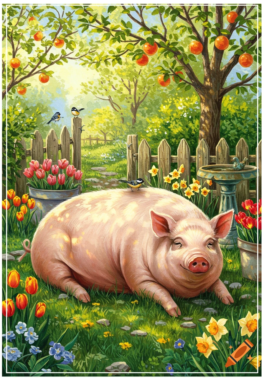 A happy, plump pig lies in a lush green garden among colorful tulips, daffodils, and small birds, in a vibrant illustration style.