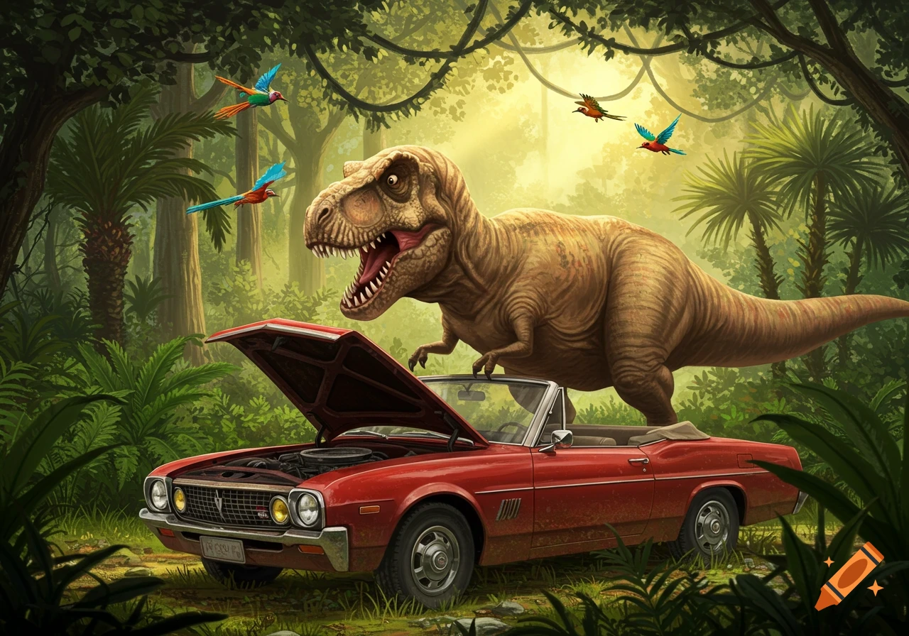 A large T-rex peers under the raised hood of a classic red convertible car, parked in a lush, sun-dappled jungle with tropical birds flying around.