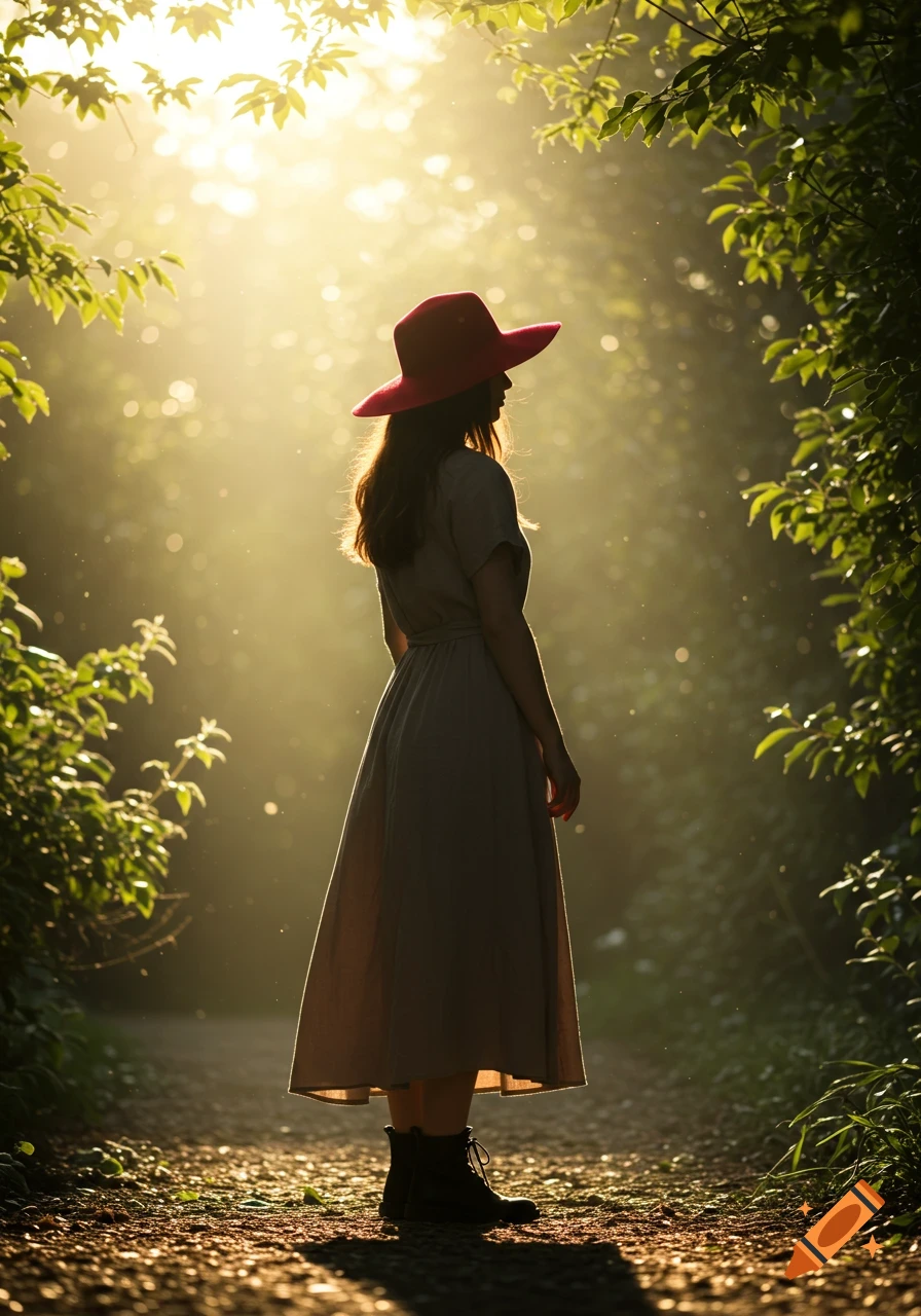 A woman in a red hat and dress stands on a sunlit forest path, seen from behind.