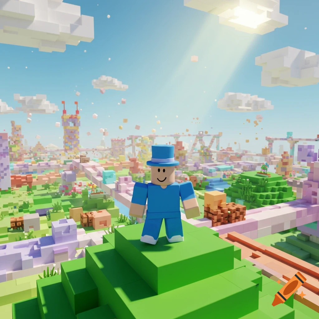A blue Roblox character with a top hat stands on a green block, overlooking a sprawling, colorful, blocky landscape under a bright, sunny sky.