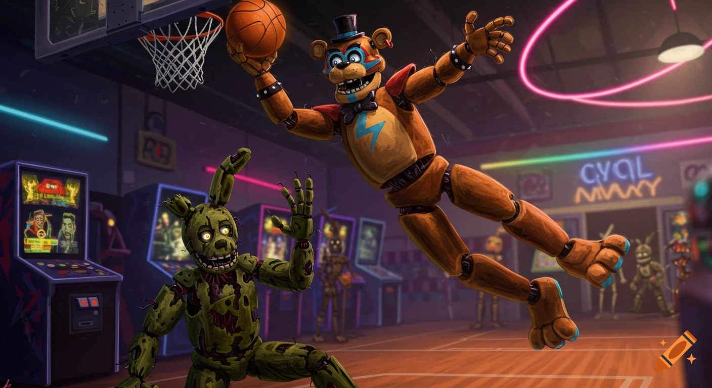 Freddy Fazbear, a brown bear animatronic, dunks a basketball over Springtrap, a green rabbit animatronic, in a neon-lit arcade gym.
