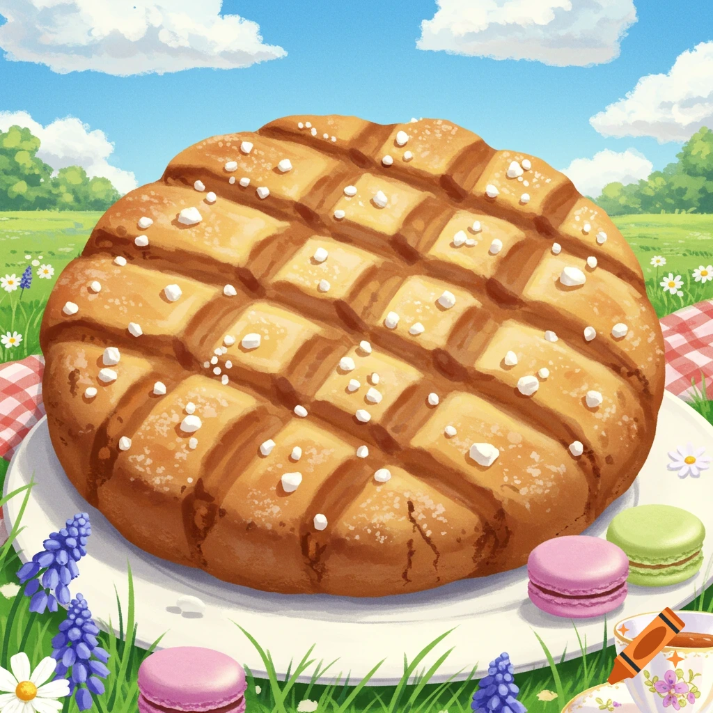 A large, lattice-patterned cookie on a plate with pink and green macarons and tea, in a sunny green field picnic setting.