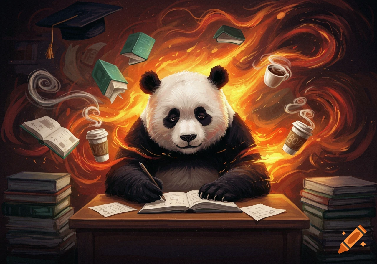 An abstract painting of a tired but focused panda studying at a desk, surrounded by floating books, coffee, and swirling orange flames.