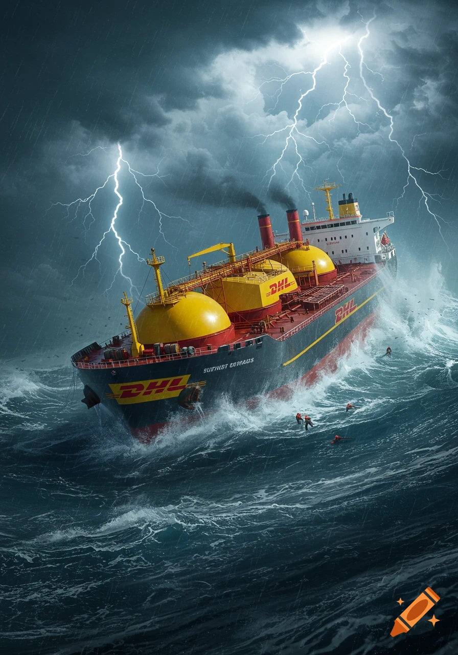 A large DHL tanker ship is caught in a violent ocean storm with heavy rain and lightning, as several people in life jackets struggle in the choppy waves.