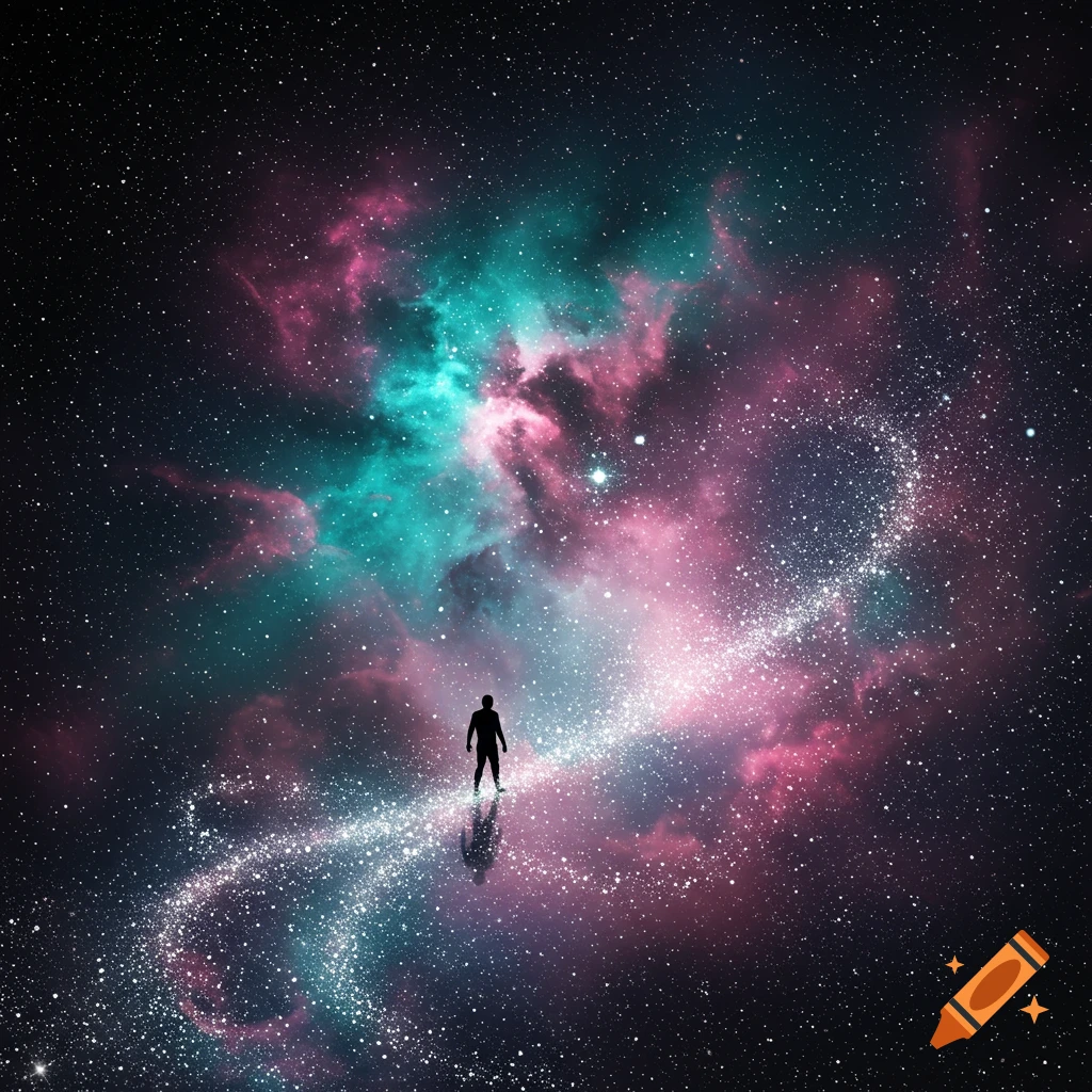 A lone silhouette stands on a shimmering path of stars, looking into a vibrant pink and teal nebula in deep space.