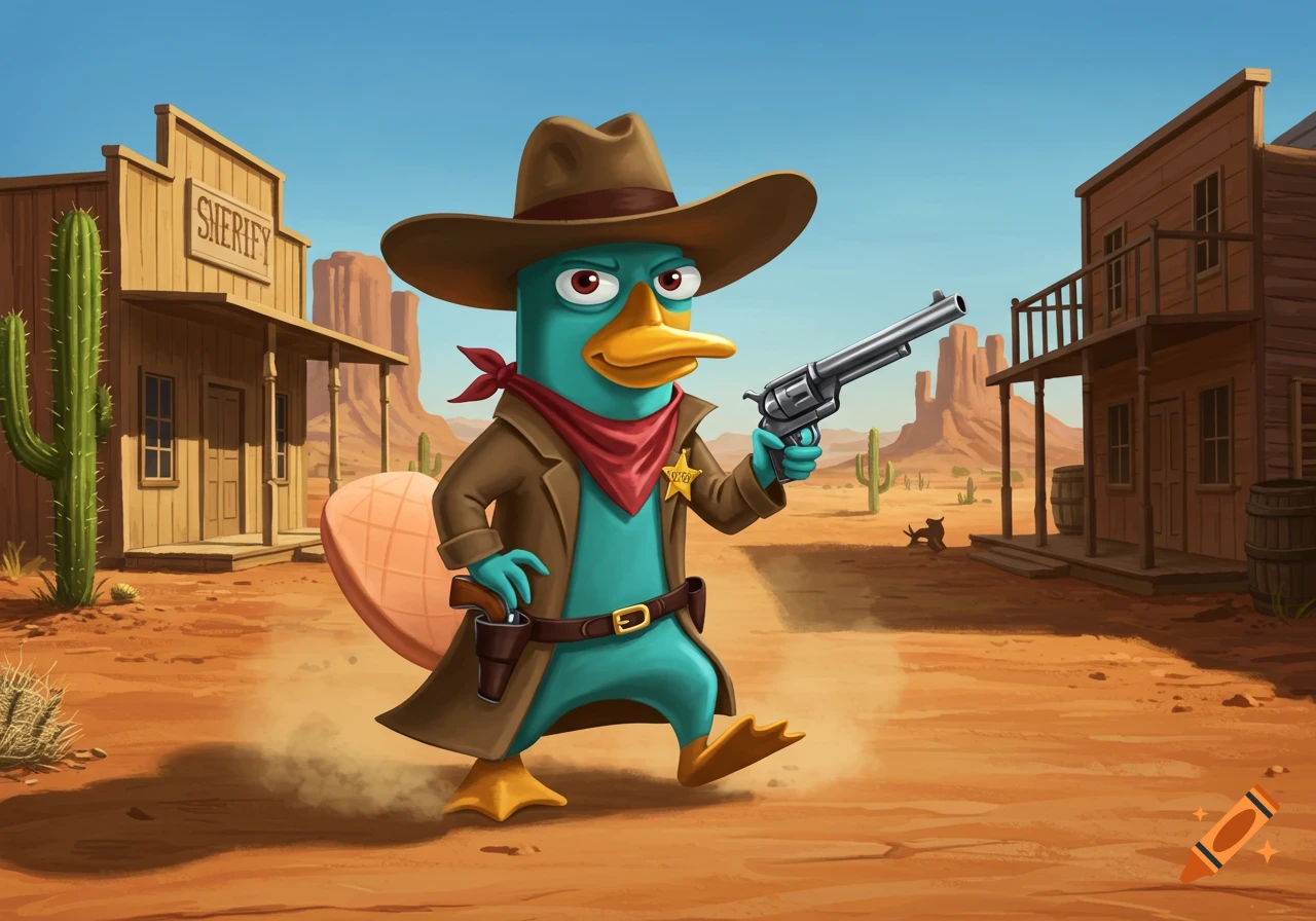 Perry the Platypus dressed as a cowboy sheriff holding a revolver in a cartoon Wild West town.